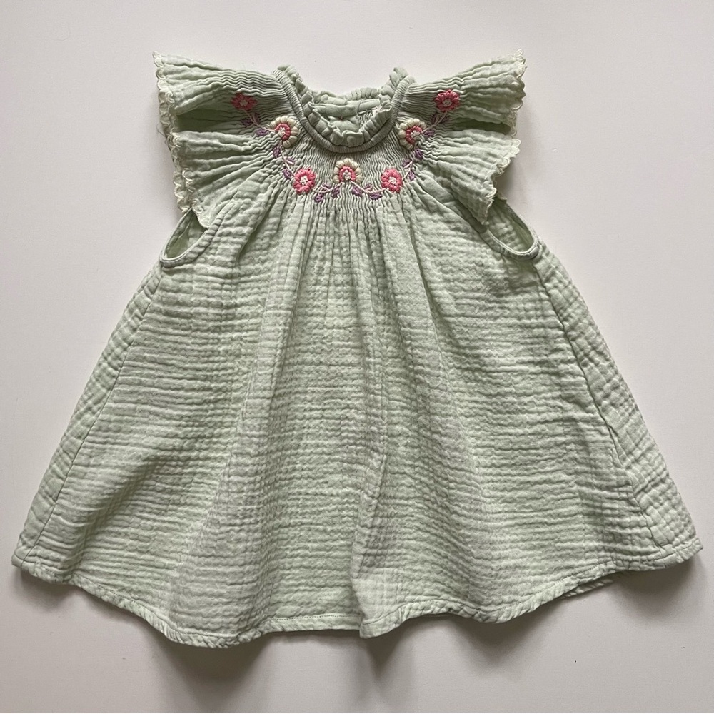 Louise Misha Girls Embroidered Edith Baby Dress - Almond Green - Size 12M